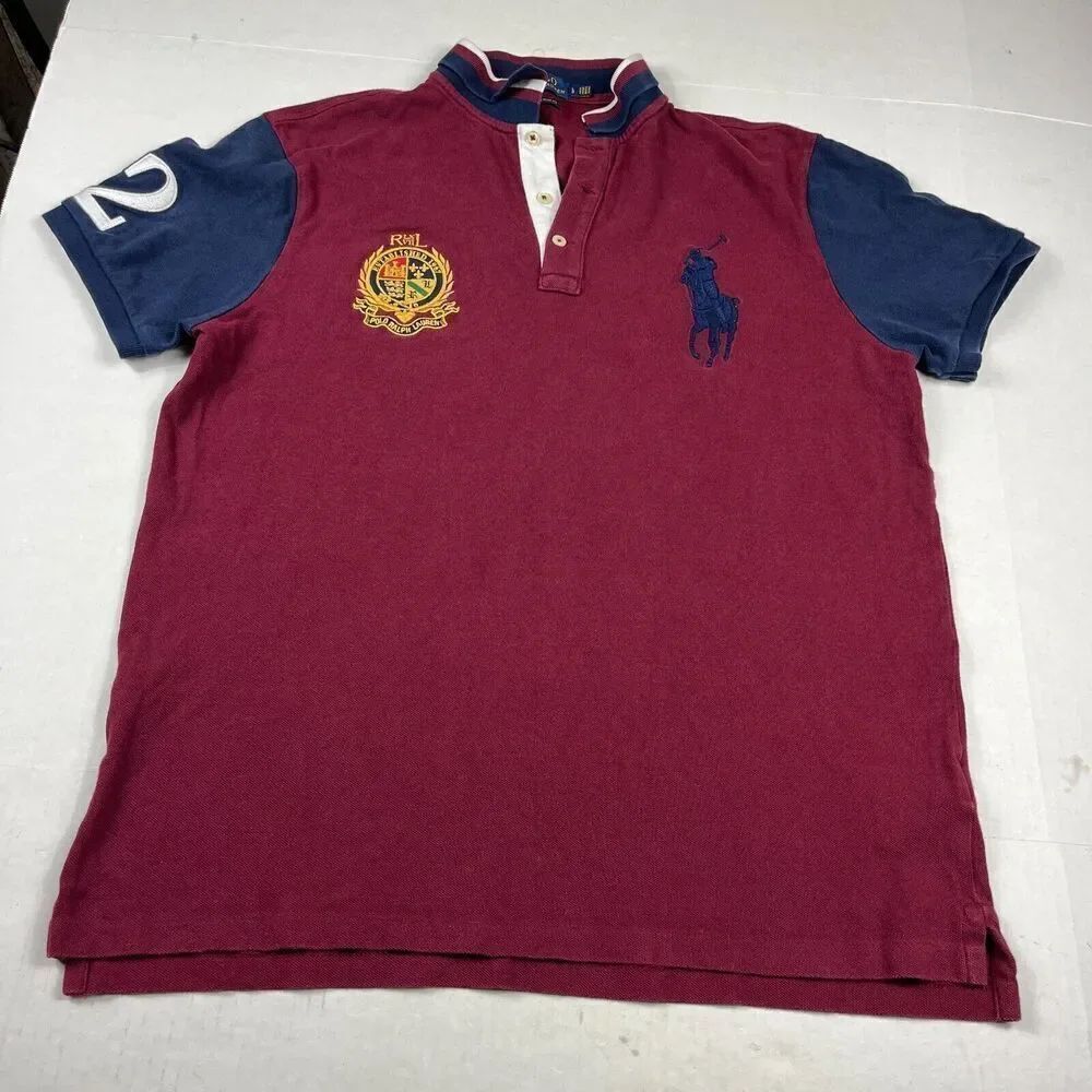 Polo Ralph Lauren Mens Polo Shirt Red Crest Emblem Short Sleeve #2 Slim LARGE